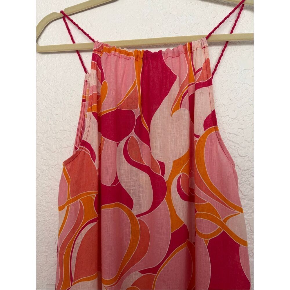 Rachel Zoe Linen Blend Maxi Dress Pink Orange Abstract Print Tassel Shell Size L - Picture 5 of 12